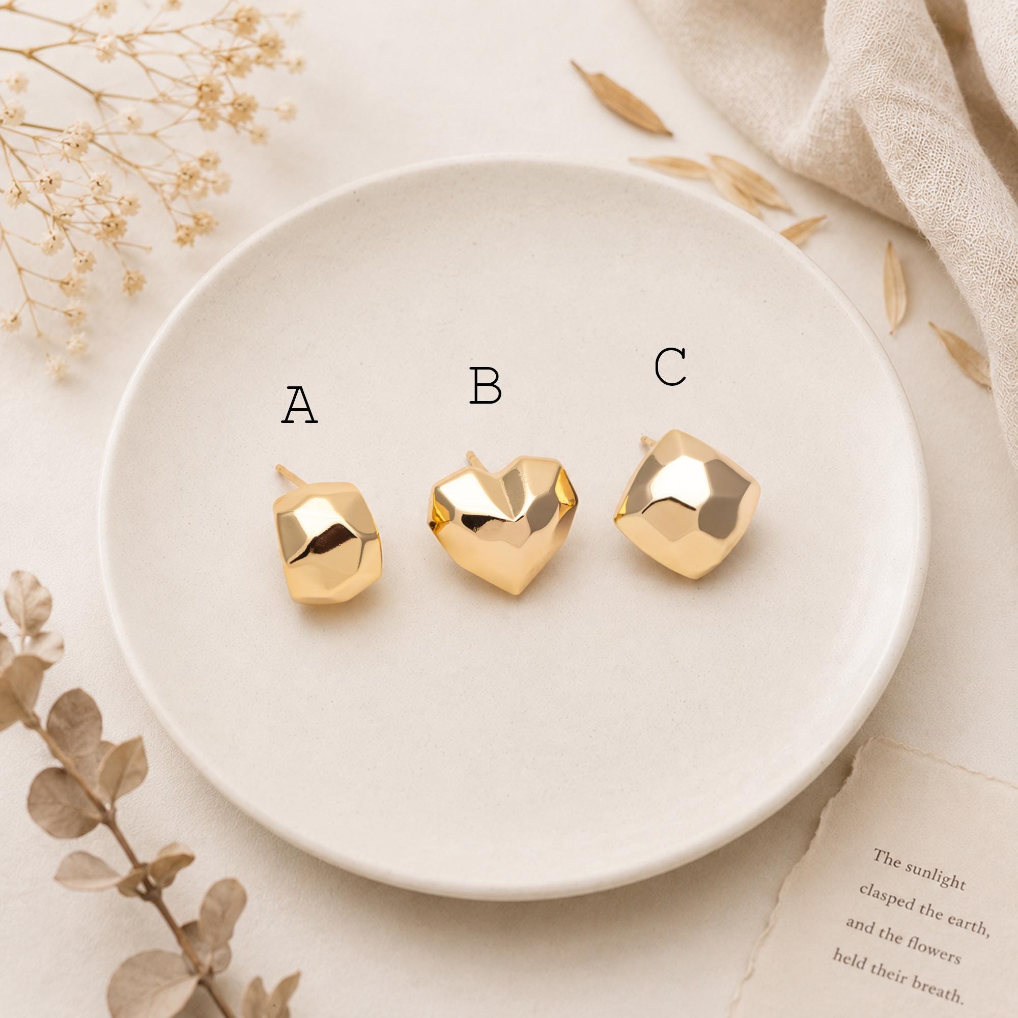 10pcs Gold Faceted Heart/ Square Earring With Loop, Gold plated Brass, Geometric Stud Earrings (GB-2966)